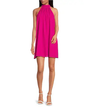 Belle Badgley Mischka Elise Georgette Turtleneck Sleeveless Back Tie Waistless Trapeze Mini Dress... | Dillard's