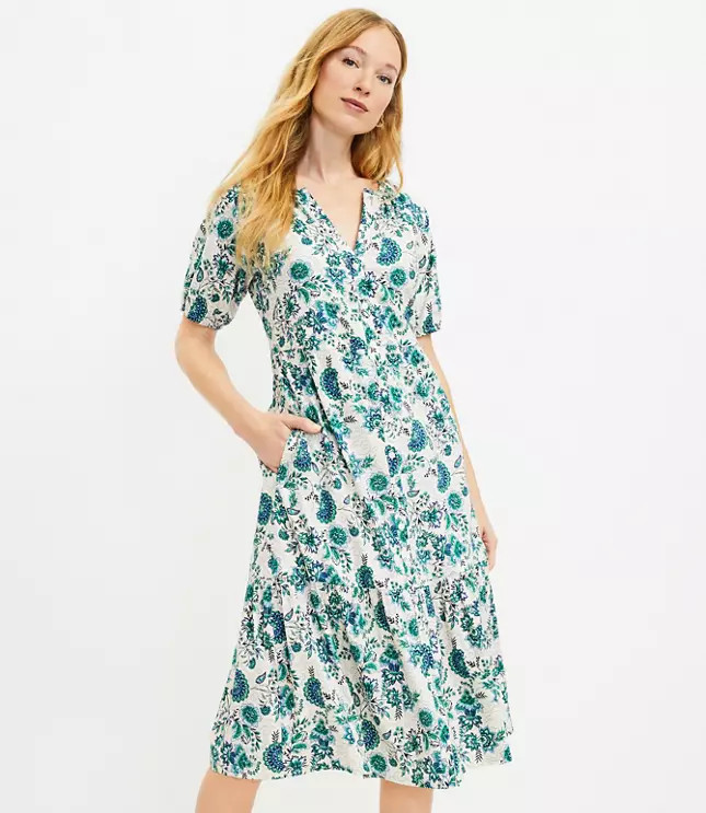 Garden Puff Sleeve Button Midi Dress | LOFT