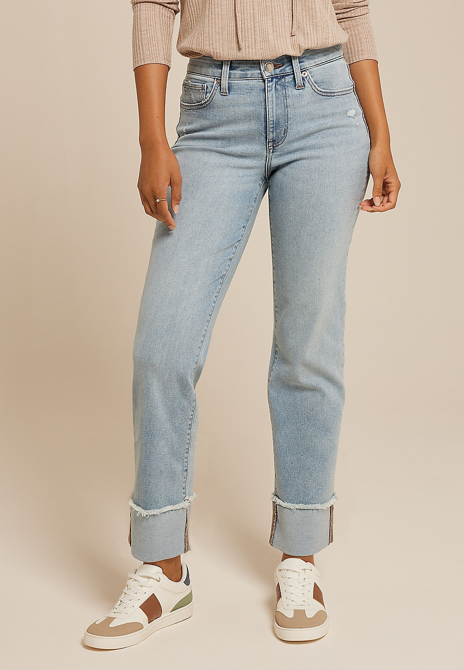 m jeans by maurices™ High Rise Relaxed Straight Frayed Hem Ankle Jean | Maurices