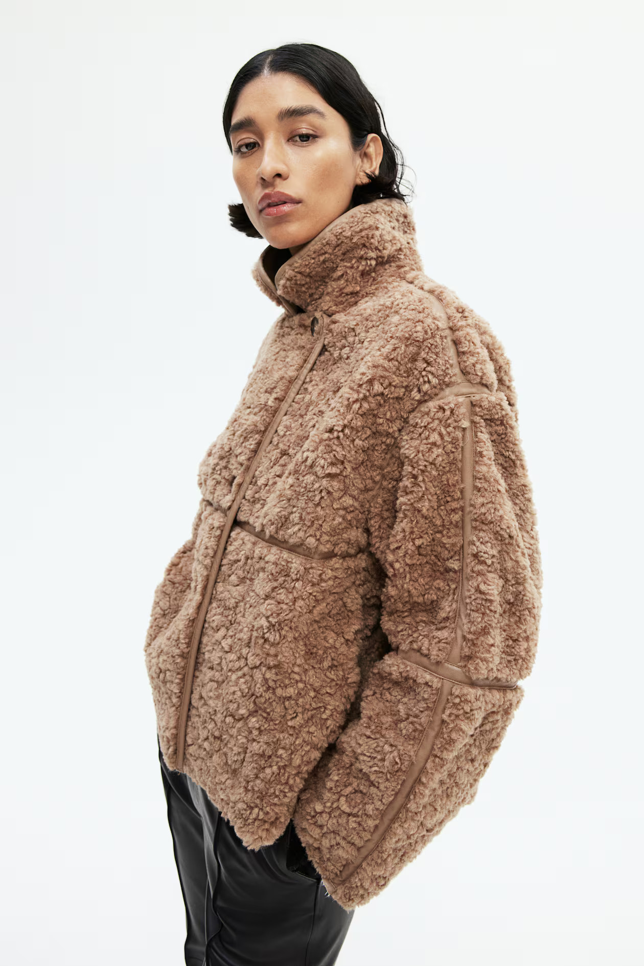 Teddy jacket - Long sleeve - Regular length - Brown - Ladies | H&M GB | H&M (UK, MY, IN, SG, PH, TW, HK)