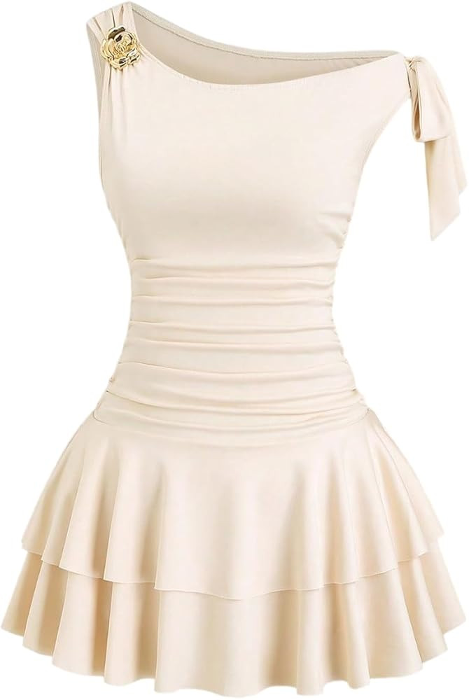 Floerns Women's Mini Dress Off The Shoulder Metal Floral Sleeveless Layered Hem Going Out Dresses | Amazon (US)