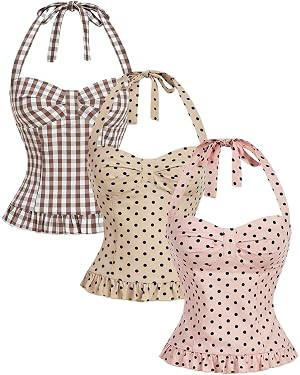 MakeMeChic Women's 3 Pack Casual Halter Tops Polka Dots Gingham Print Shirred Back Summer Tank To... | Amazon (US)