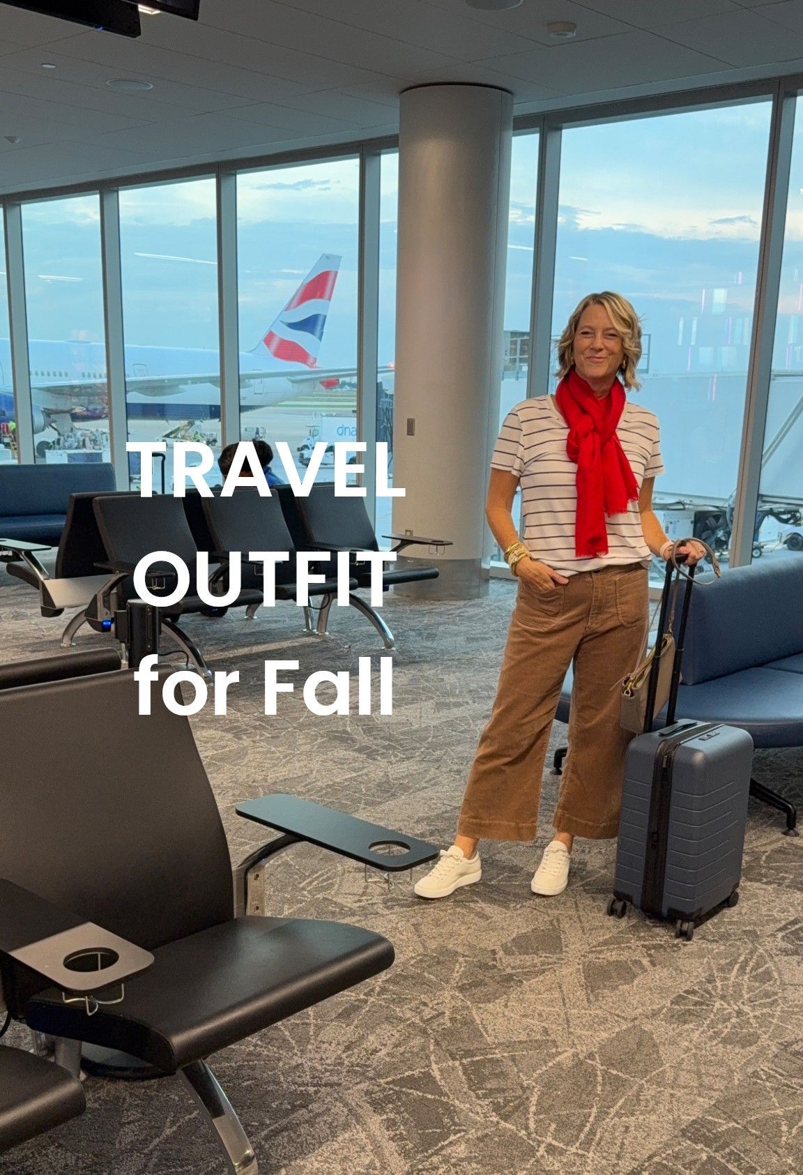 ✈️ Travel Outfit for Fall: High-waisted corduroy cropped pants, striped t-shirt (tts I’m wearing L and I’m 5’8” size 10, over 50), red scarf that is cashmere AND silk for the cold airport or airplane flight. Travel tip: these sneakers I could walk all day in because they’re so supportive and comfortable!👨‍✈️ I’m a Houston pilot wife sharing tips to help you “travel the globe without a worry in the world” on YTube and IG. #traveltips #over40fashion #styleover50 #travelstyle 