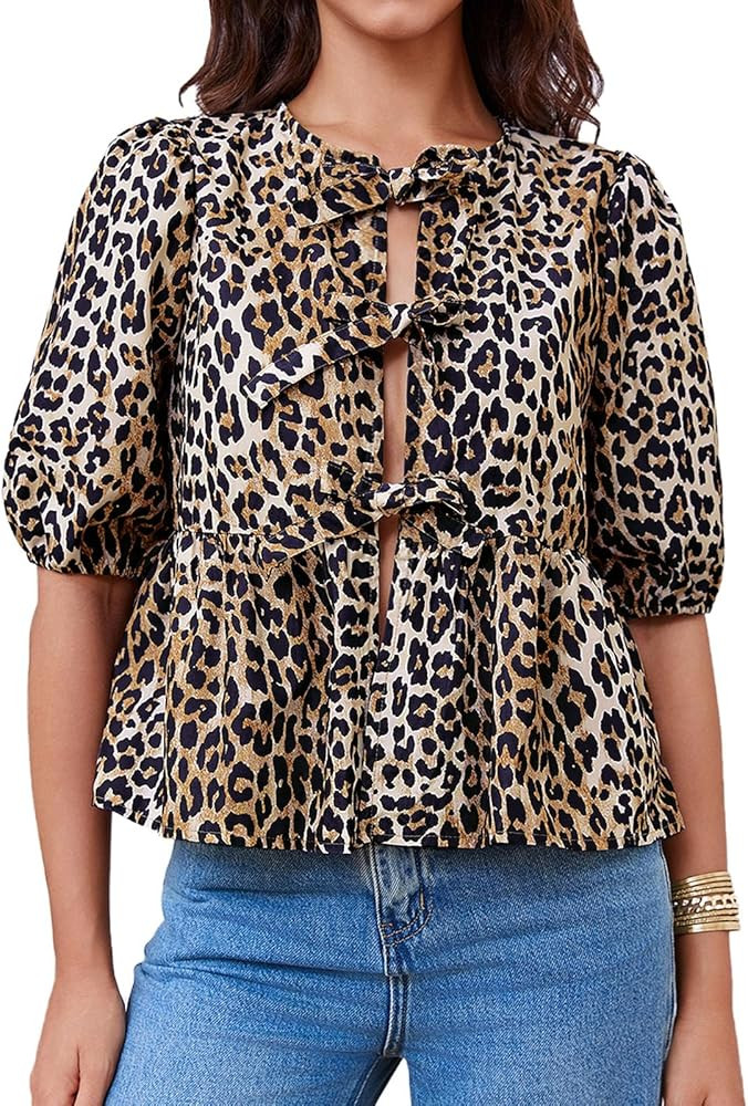Tankaneo Womens Tie Front Tops Summer Peplum Babydoll Puff Short Sleeve Blouse Cute Cotton Shirts | Amazon (US)