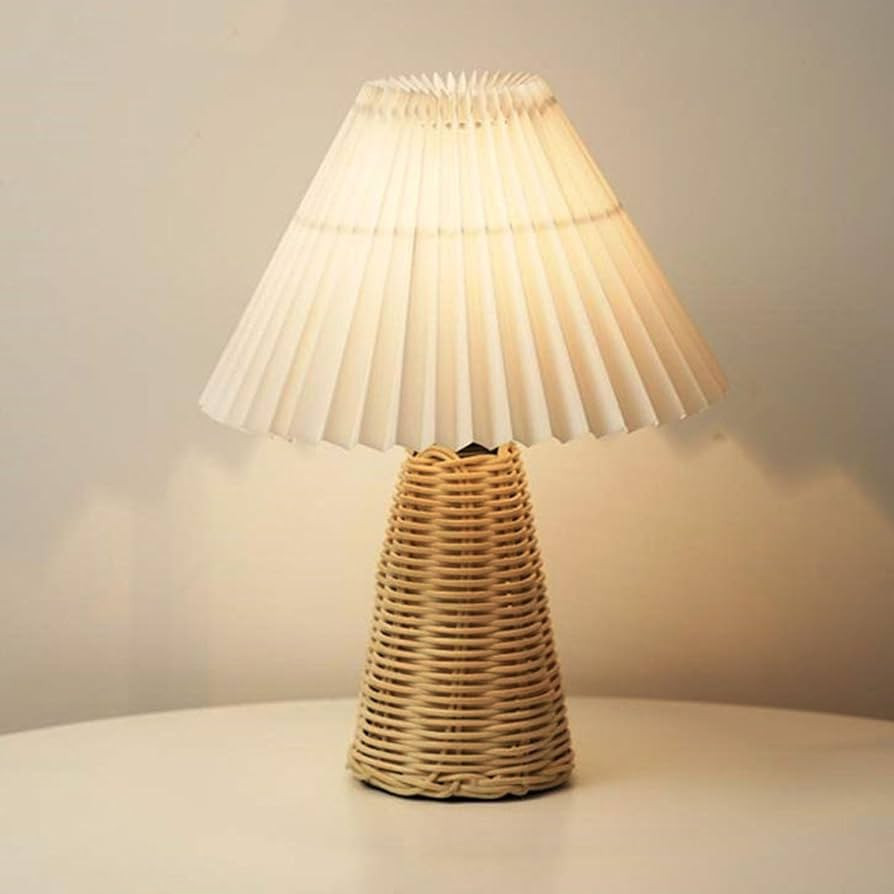 Pleated Table Lamp Bedside Night Lamp with Rattan Base Vintage Style Soft Warm Light for Bedroom ... | Amazon (US)