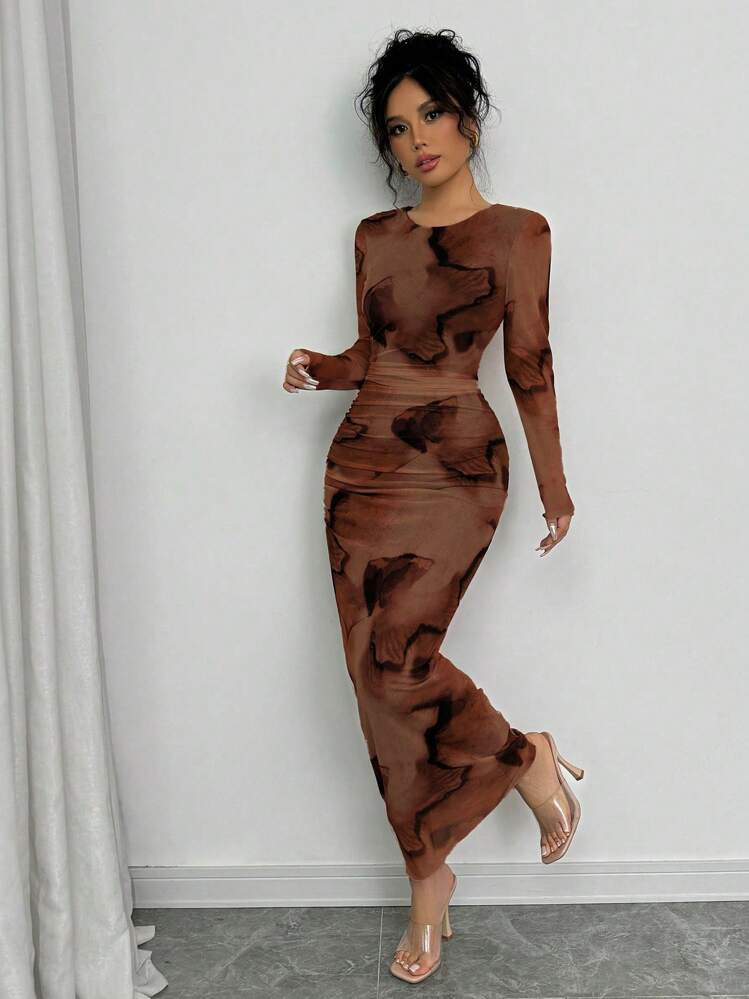 Coffee Brown Mesh Dress | SHEIN