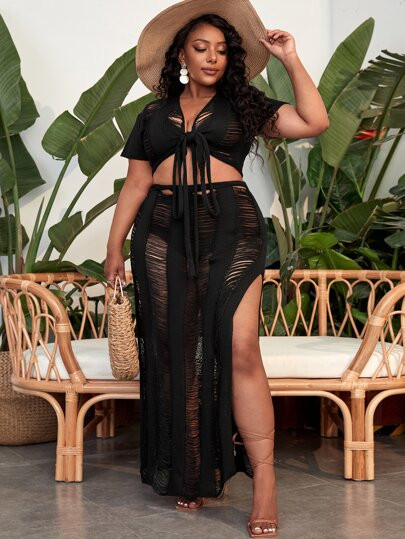 Plus Open Stitch Knot Front Split Thigh Cover Up Set Without Bikini
   SKU: sf2204016219973129   ... | SHEIN