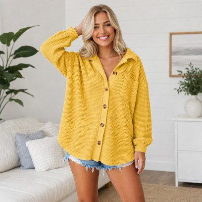 Women's Waffle Knit Button Down Shirt, Long Sleeve Oversized Blouse with Chest Pocket,Yellow,Medium | Target
