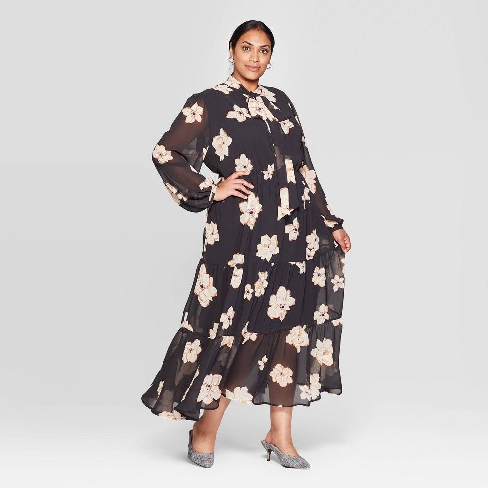 Women's Plus Size Floral Print Long Sleeve Round Neck Romantic Maxi Dress - Who What Wear Blue 4X | Target
