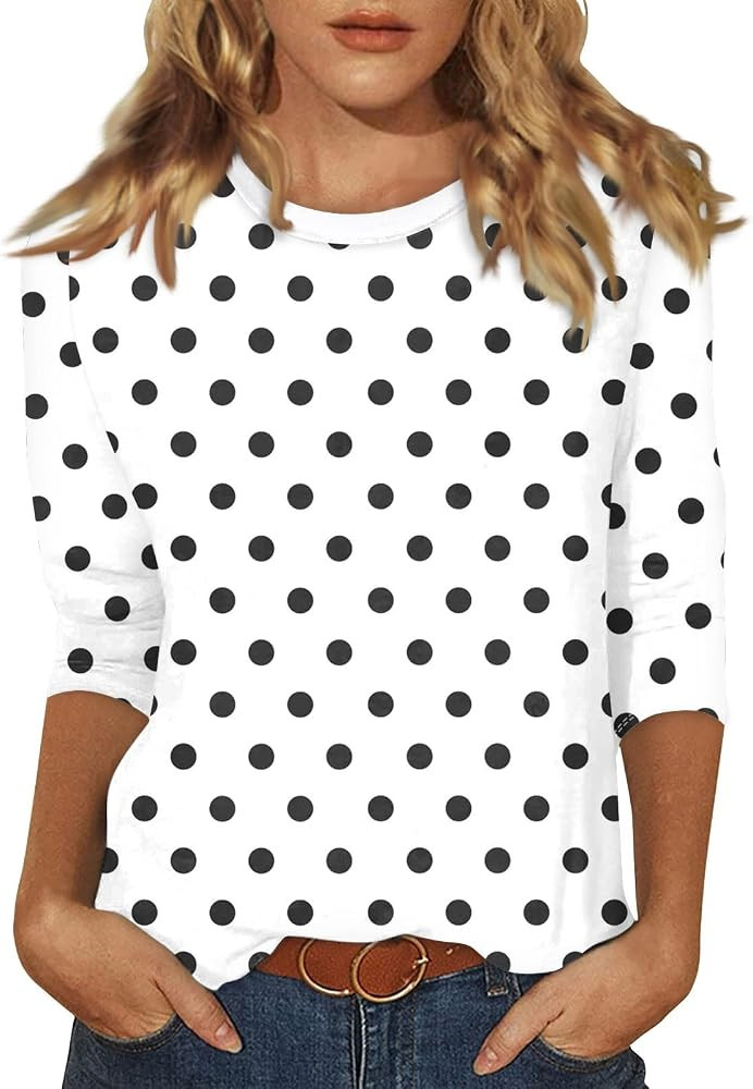 slqdgmryz 3/4 Sleeve Shirts for Women Spring Striped Crewneck Business Casual Tops Loose Three Qu... | Amazon (US)