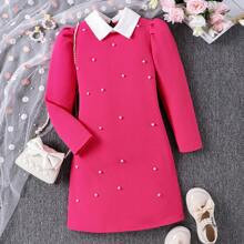 Tween Girl Pink Beaded In Long Sleeve TurnDown Collar Dress SpringAutumn | SHEIN