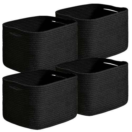 Dcerzxzci Small Storage Baskets for Organizing Shelves, Cotton Rope Basket for Storage, Cute Rectangular Book Toy Bins, 12.7"×9.1"×7.9", 4 Packs, Black | Amazon (US)