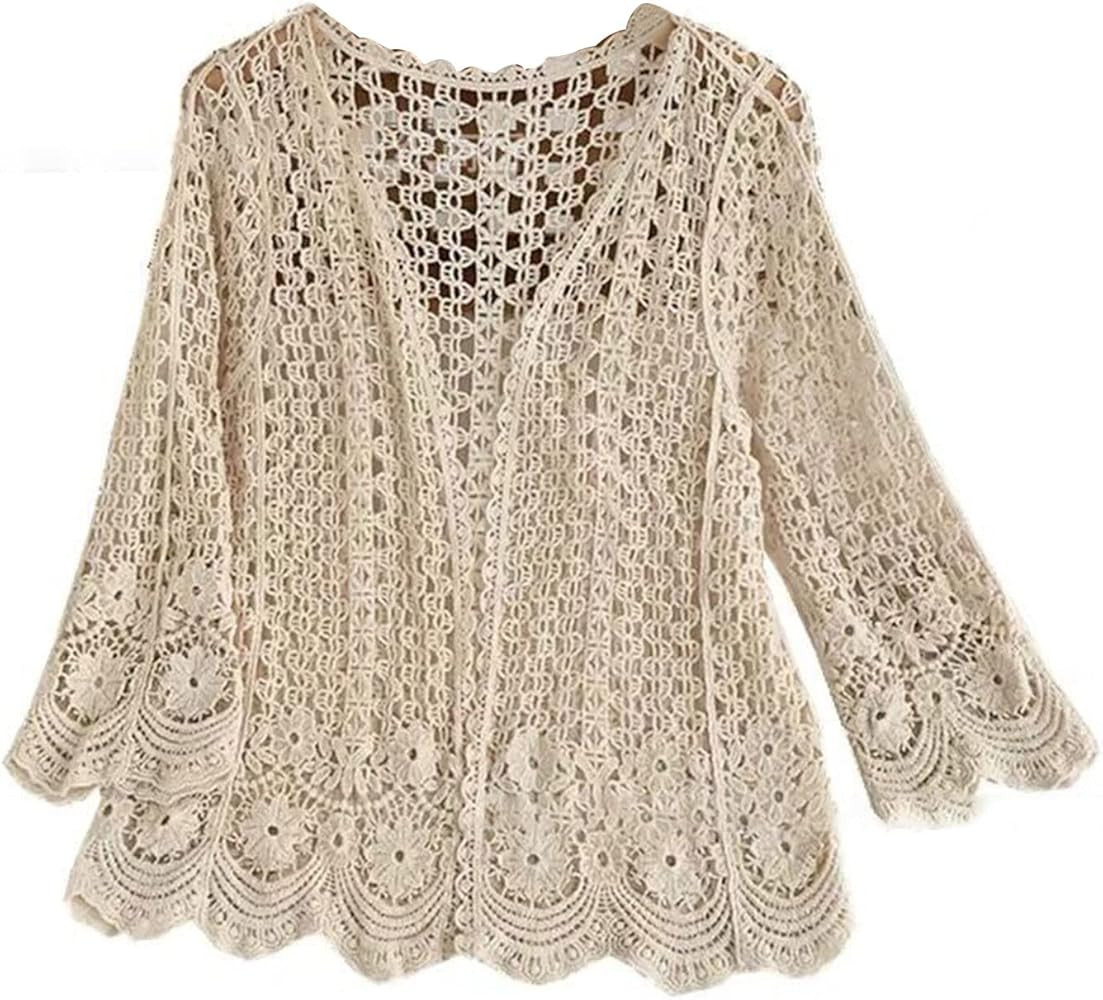 Women's Summer Long Sleeve Cardigan Hollow Out Crochet Knit Floral Cover Up Open Front Scalloped ... | Amazon (US)