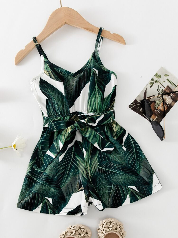 Toddler Girls Tropical Print Belted Cami Romper | SHEIN