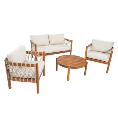 Bethania Coastal Outdoor Seating Set with Coffee Table Aacia Wood with Cushions | Wayfair North America