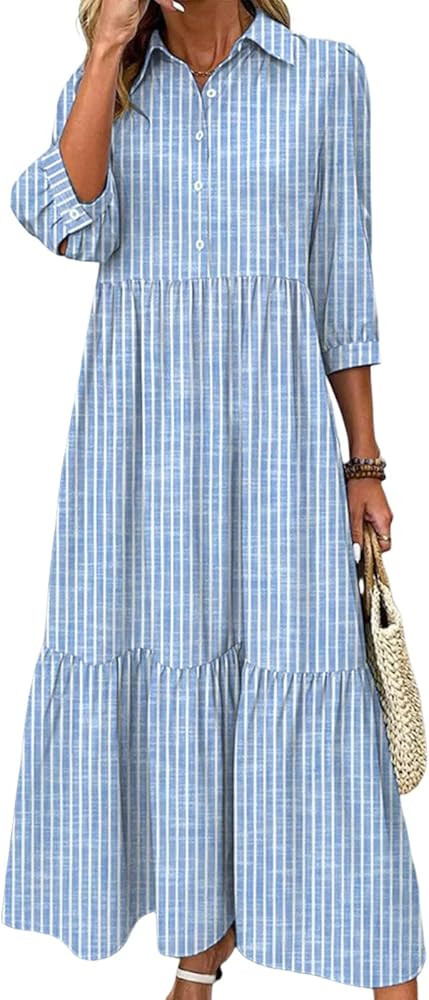 Women's Blue and White Striped Shirt Style Maxi Dress 2025 Summer Fashion Breezy Print 3/4 Sleeve... | Amazon (US)