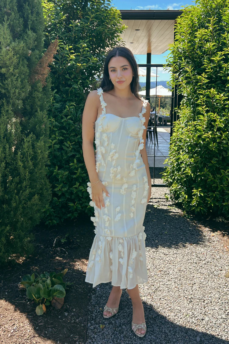 Camille 3D Floral Bustier Midi Dress - Cream | Confête
