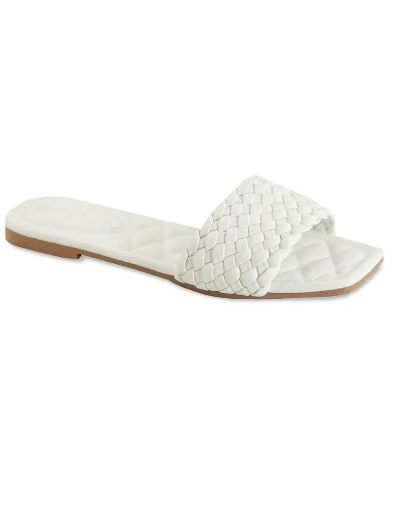 SNJ New Women's Braided Quilted Single Band Strap Flat Square Toe Open Slide Sandal | Walmart (US)