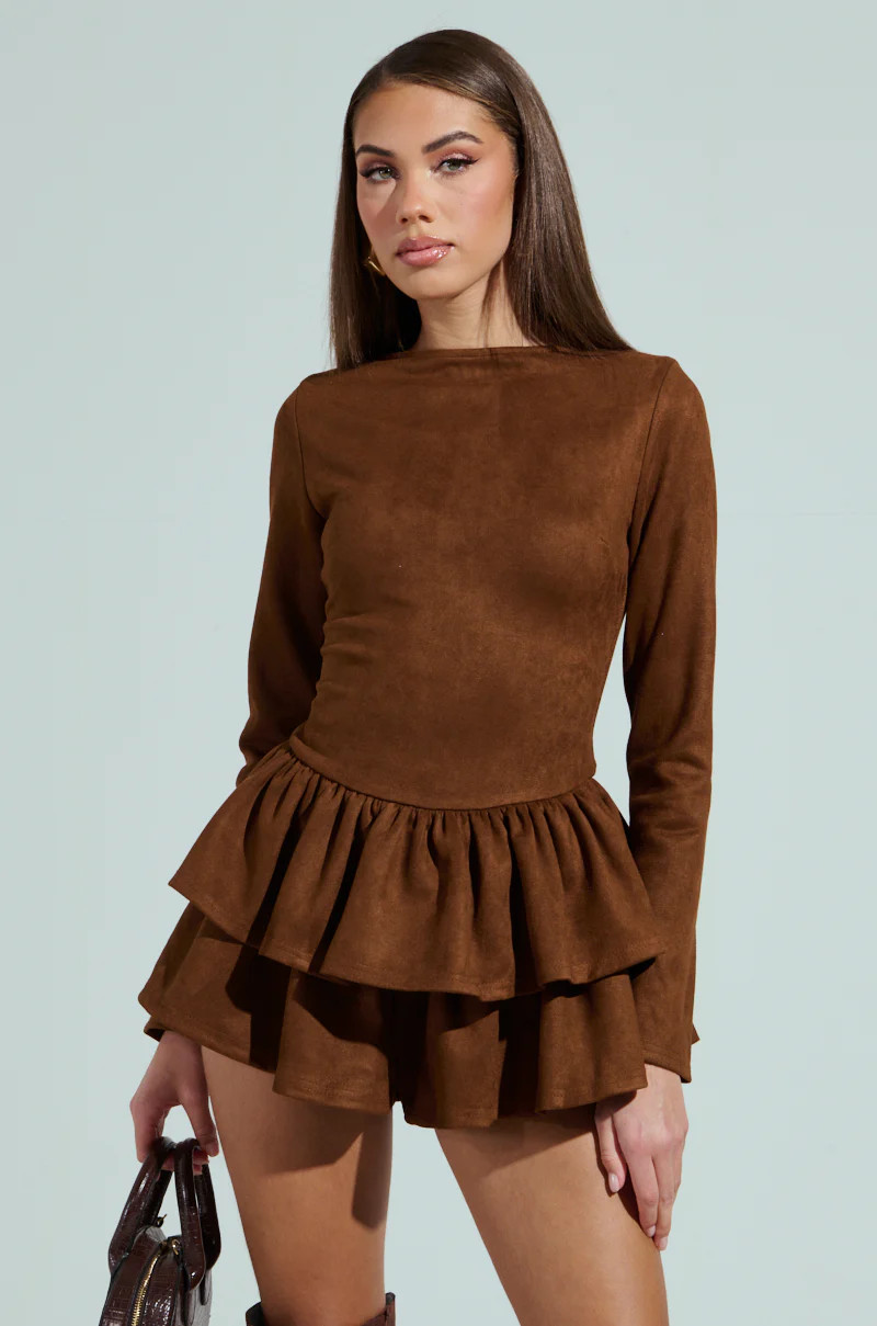 SUEDE RUFFLE LONG SLEEVE ROMPER | AKIRA