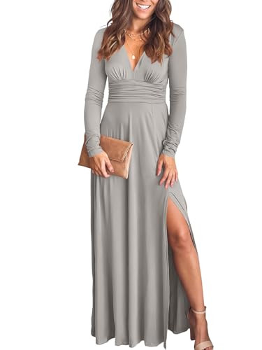 ANRABESS Women Deep V Neck Long Sleeve Slit 2025 Fall Elegant Formal Wedding Guest Cocktail Evening Date Prom Maxi Long Dress Grey XX-Large | Amazon (US)