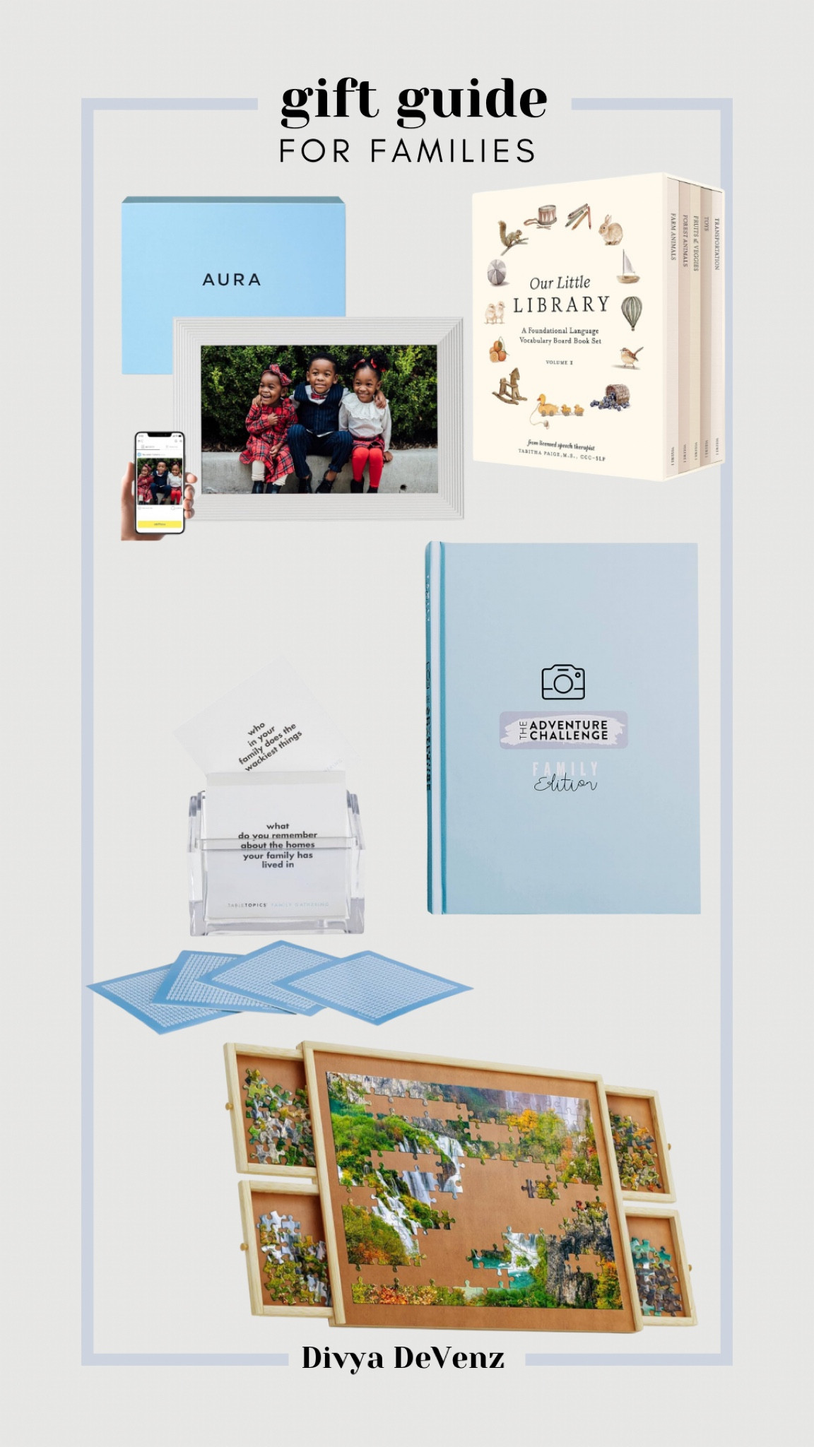 Gift guide for families: an Aura frame to share photos with grandparents, a little library for young kids, a scratch off adventure for all ages, table topics to engage conversation or a puzzle board that can be tucked under the sofa when short on space  

#LTKgiftguide #LTKfamily #LTKcanada