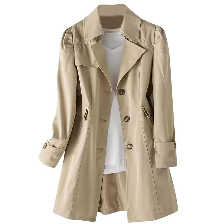 HTNBO Women's Single Breasted Mid-Length Trench Coat Puff Sleeve Lapel Overcoat Windproof Classic... | Walmart (US)