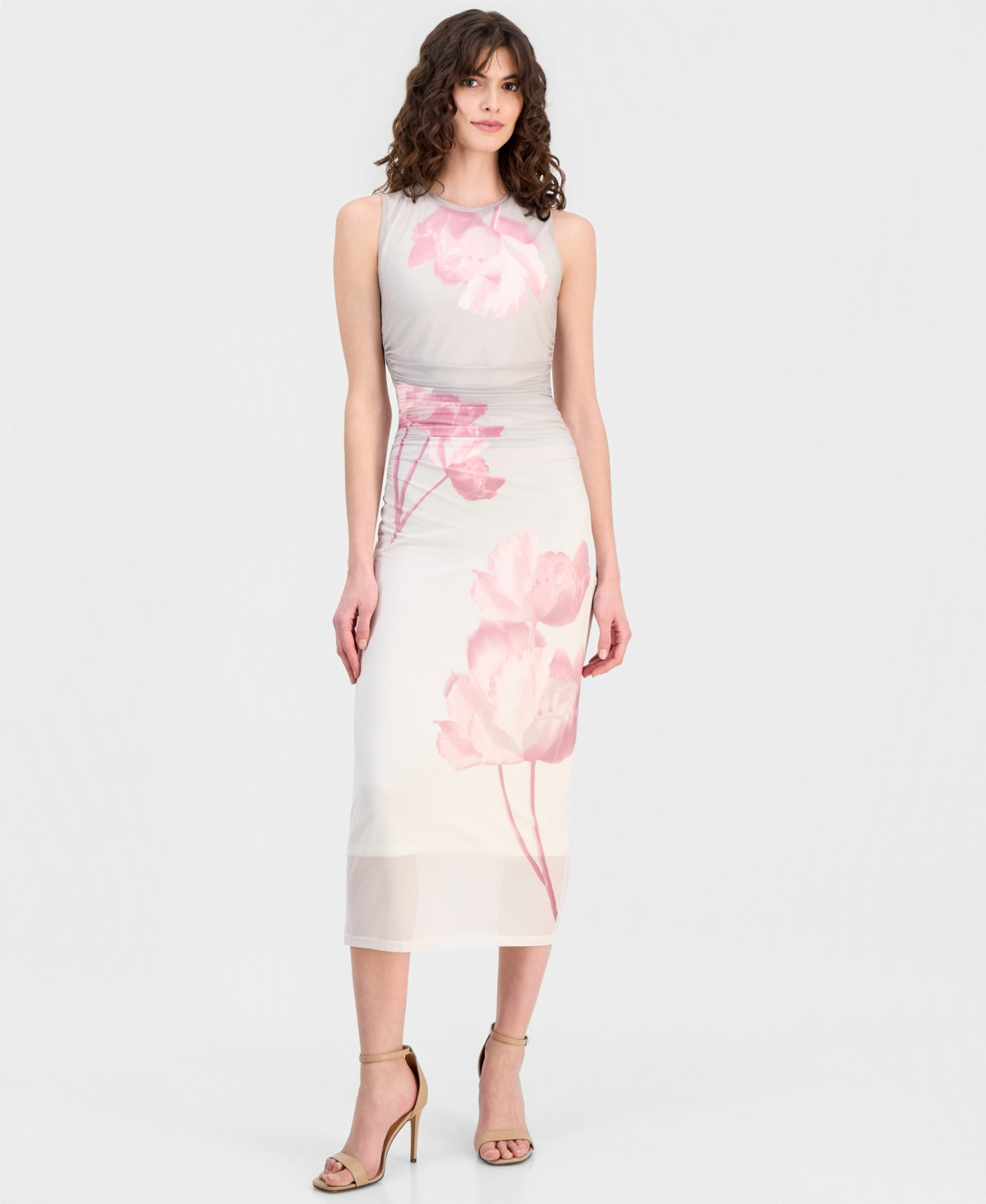 Anne Klein Women's Mesh Floral-Print Ruched-Waist Midi Dress - White Dove Multi | Macy's