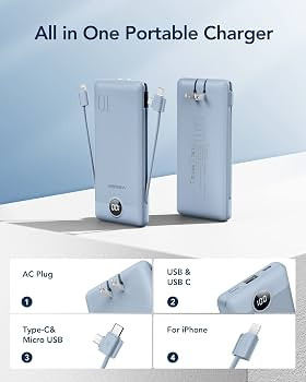 VEGER Portable Charger with Built-in AC Plug and Cables, All in One 10000mAh Ultra Slim Power Ban... | Amazon (US)