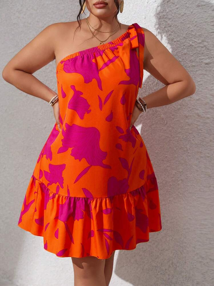 Sunserae Regular Plus Size Off The Shoulder Tie Front Ruffle Hem Sleeveless A-Line Dress, For Wom... | SHEIN