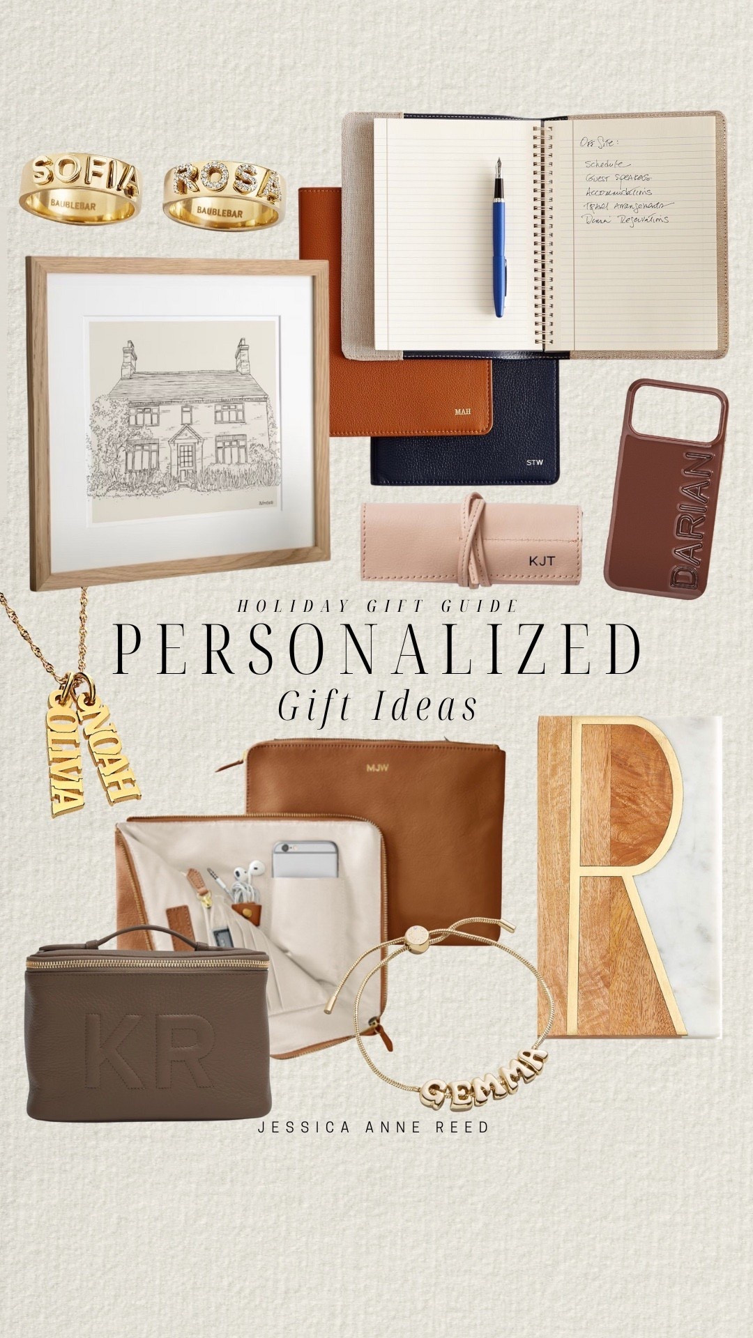 Personalized Christmas gifts include letter cheese board, name phone case, personalized notebook, hand-drawn house drawing, charger roll up, custom commute clutch.

Christmas gifts, holiday gifts, personalized gifts

#LTKHoliday #LTKGiftGuide