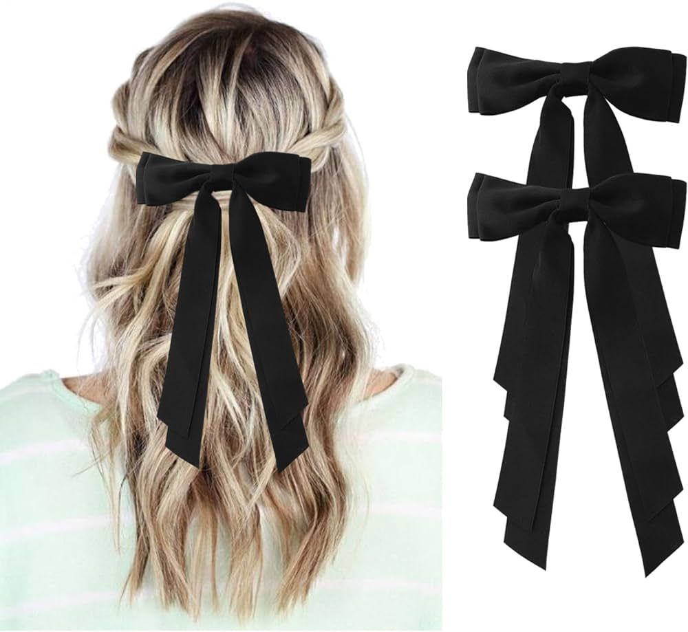 Black Hair Bows for Women - 2Pcs Silkly Satin Hair Ribbon Bow with Metal Clips Hair Accessories f... | Amazon (US)