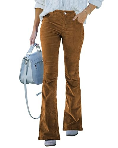 TQD Corduroy Pants Women Mid Waist Flare Pants Vintage Stretchy Wide Leg Bell Bottom Trousers Pants with Pockets Khaki | Amazon (US)