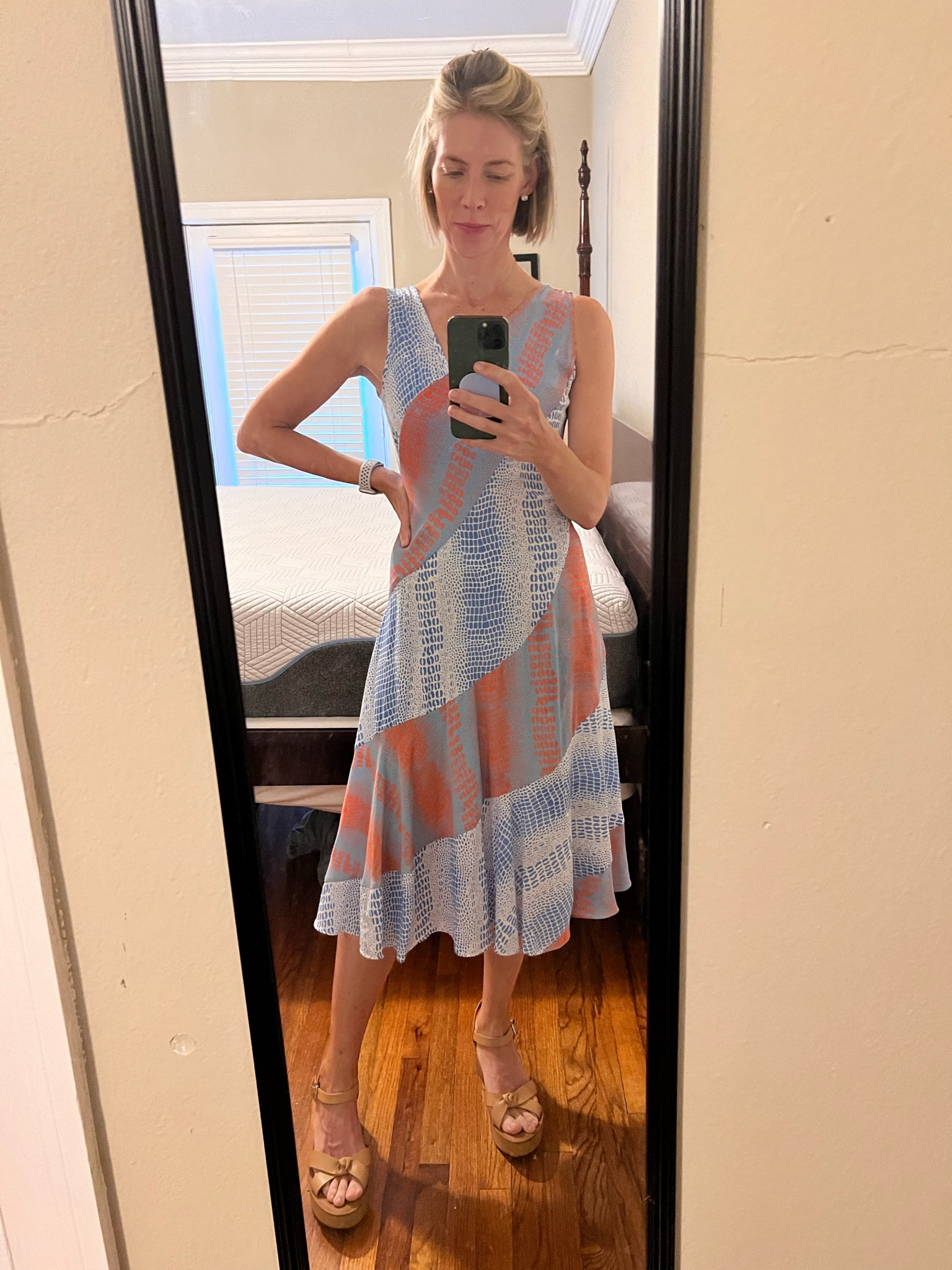 Summer Dress and Sandals outfit! Lightweight, comfortable summer dress for women over 40. This dress is from Rent the Runway. Also linking options to buy and similar styles from Walmart and Amazon. I am wearing a size 6 but could have sized down to a 4. This is a beautifully made dress perfect for any body type. No stretch so size up if curvy and busty. Zipper on back. The print is alligator and the colors are orange and blue. Perfect for Florida Gator fans. 🐊 

Exact dress and necklace in links below. To subscribe to Rent the Runway membership and save 30% use this code - https://rtr.app.link/e/xLjrV5KkAKb

#LTKOver40 #LTKFindsUnder100 #LTKSummerSales