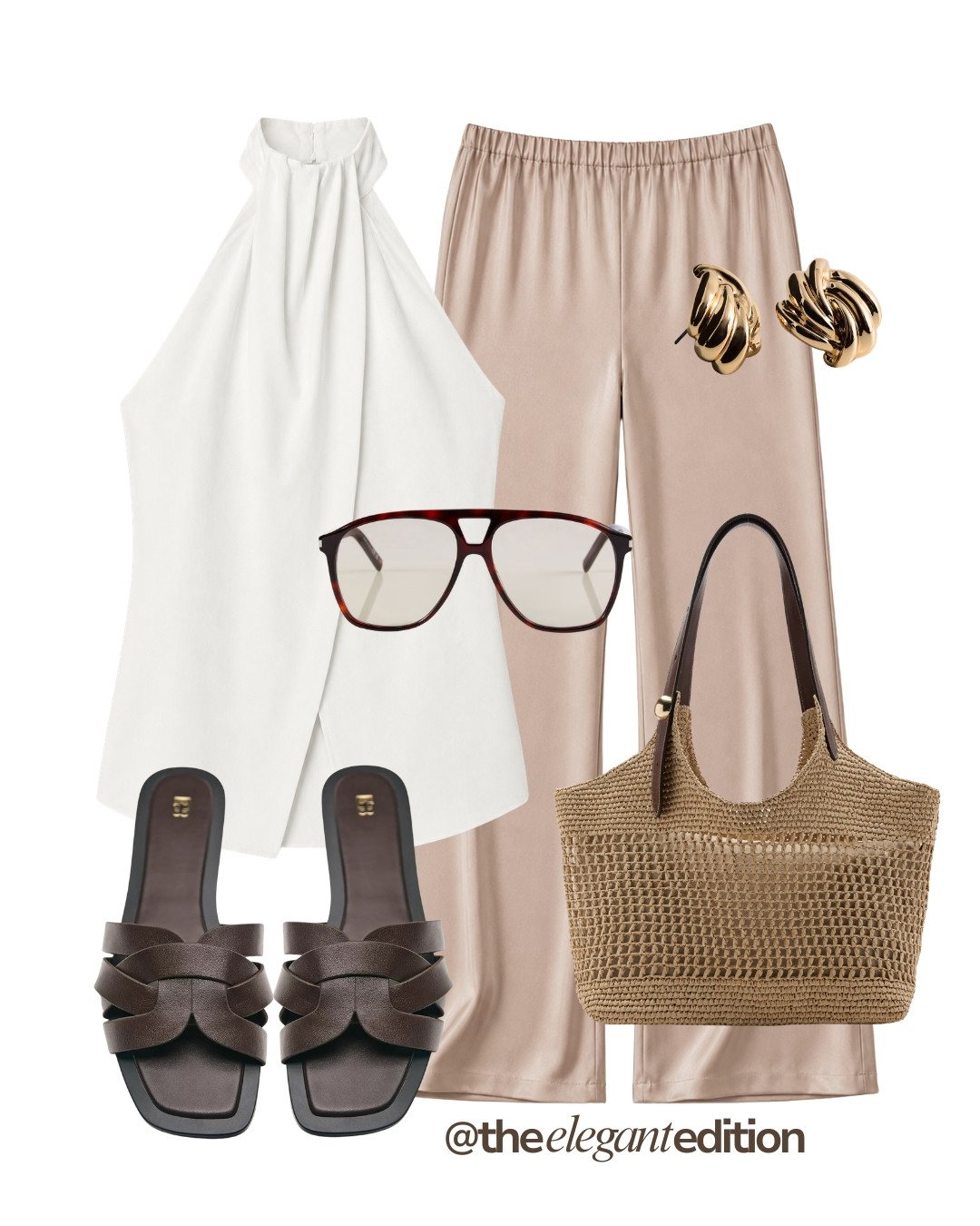 HALTER NECK LOOK - A fresh white and taupe summer combo. Halter neck top, satin wide leg trousers, raffia tote and brown flat sandals for everyday or city break #halterneck #trousers #sandals #LTKspring #LTKsummer #LTKstyletip 

 #LTKeurope #LTKsummer #LTKstyletip