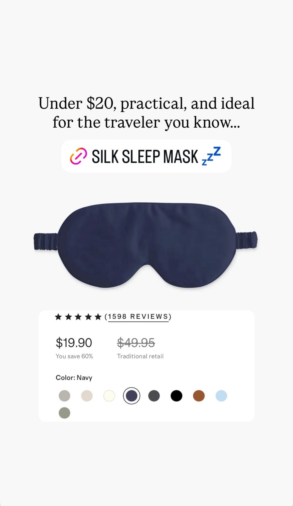 This silk sleep mask comes in 9 colors, has over 1600 reviews, and is 5-star rated! Just under $20!

#LTKFindsUnder50 #LTKGiftGuide #LTKHoliday