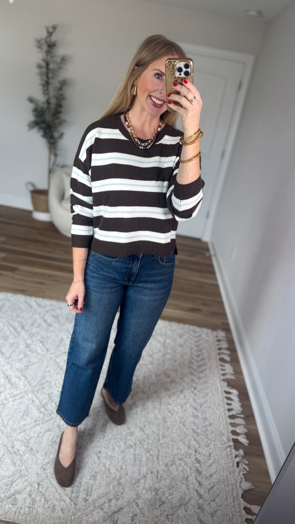Weekend Walmart Wins try on
Brown & blue striped sweater- medium 
Cropped kick flare jeans- 6

#LTKootd