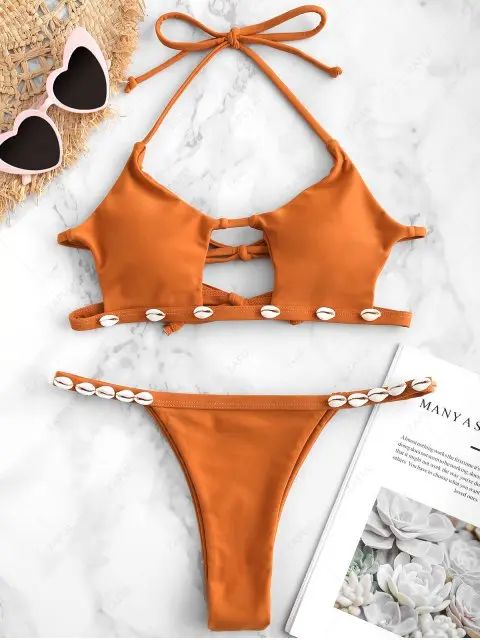 ZAFUL Shell Cutout Halter Bikini Set - Sandy Brown M | ZAFUL (Global)
