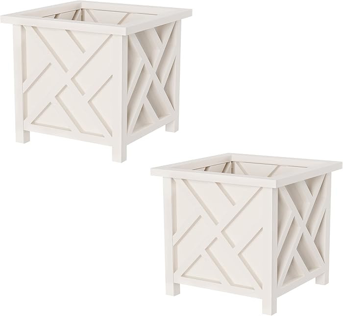 Lattice Design Outdoor Planter Box 2-Pack - 14.75” Square 13” Tall White Decorative Plant Pot... | Amazon (US)