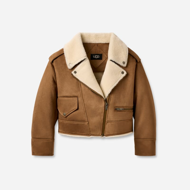 UGG® Women's Finnian LuxeFluff Moto Jacket Polyester in Chestnut, Size XL | UGG (US)