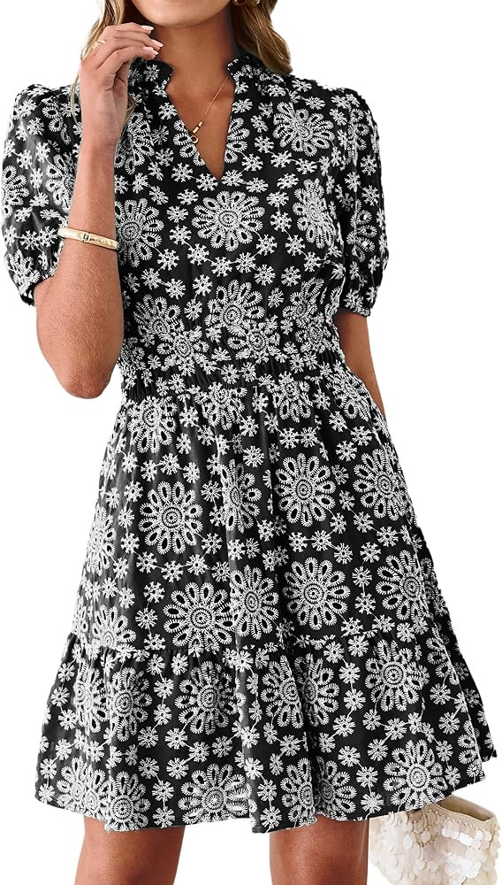 BerryGo Womens Summer Eyelet Mini Dress Beach Casual Embroidery Lace Puff Short Sleeve V Neck Boh... | Amazon (US)
