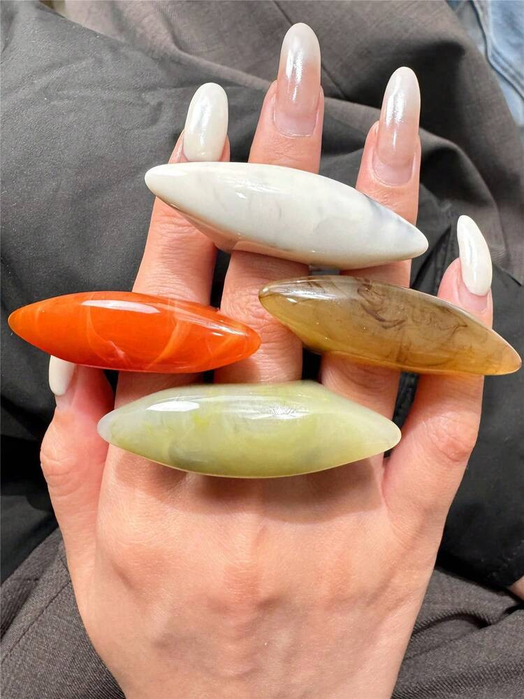 4pcs Set Fashionable Colorful Elongated Oval Resin Rings, Vintage Asymmetrical Oversized Ring Set... | SHEIN