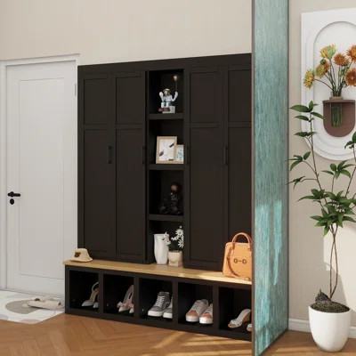 62.9"W Farmhouse 4-In-1 Hall Tree With 6 Hanging Hooks, Mudroom Wood Grain Bench With Open Compartments, Entryway Shoe Cabinet With Seating Bench For | Wayfair North America