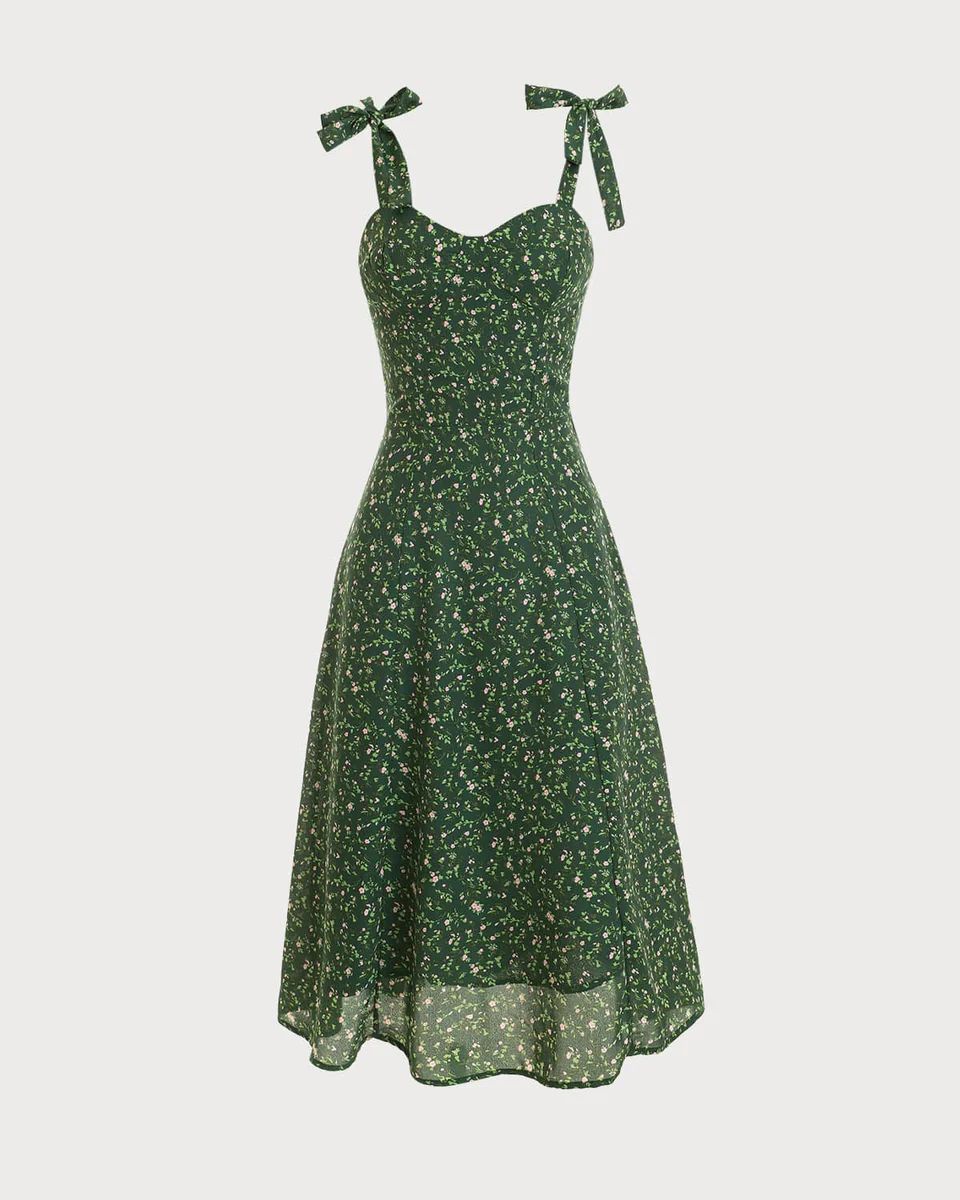 The Floral Tie Midi Dress -Sweetheart's Neck Floral Print High Waist Dress - Green - Dresses | RI... | rihoas.com