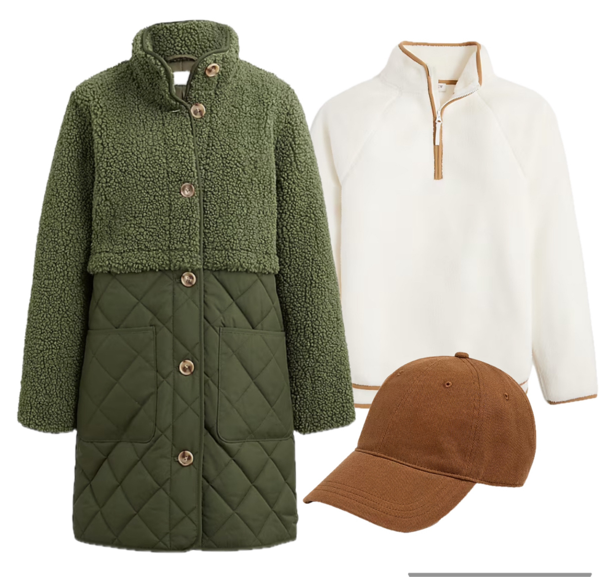 Fall and Winter Favorites! 



J. Crew
Long winter coat, brown baseball hat, cozy half zip , green coat 