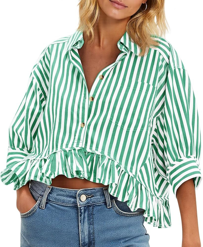 Cicy Bell Womens Cropped Striped Button Down Shirts Ruffle 3/4 Length Sleeve Summer Tops Dressy C... | Amazon (US)