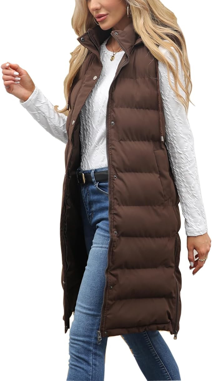 Long Vest for Women Sleeveless Winter Long Puffer Vest Lightweight Warm Zip Up Hooded Jacket | Amazon (US)