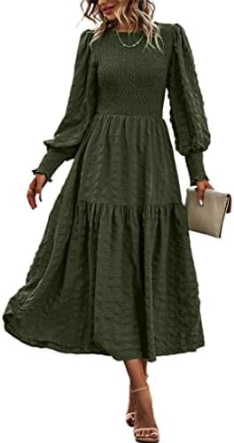PRETTYGARDEN Women 2026 Spring Puff Long Sleeve Crewneck Smocked Maxi Dress Empire Waist Tiered A... | Amazon (US)