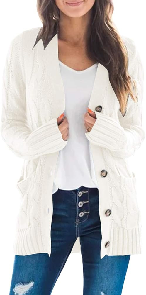 MEROKEETY Women's Long Sleeve Cable Knit Sweater Open Front Cardigan Button Loose Outerwear | Amazon (US)