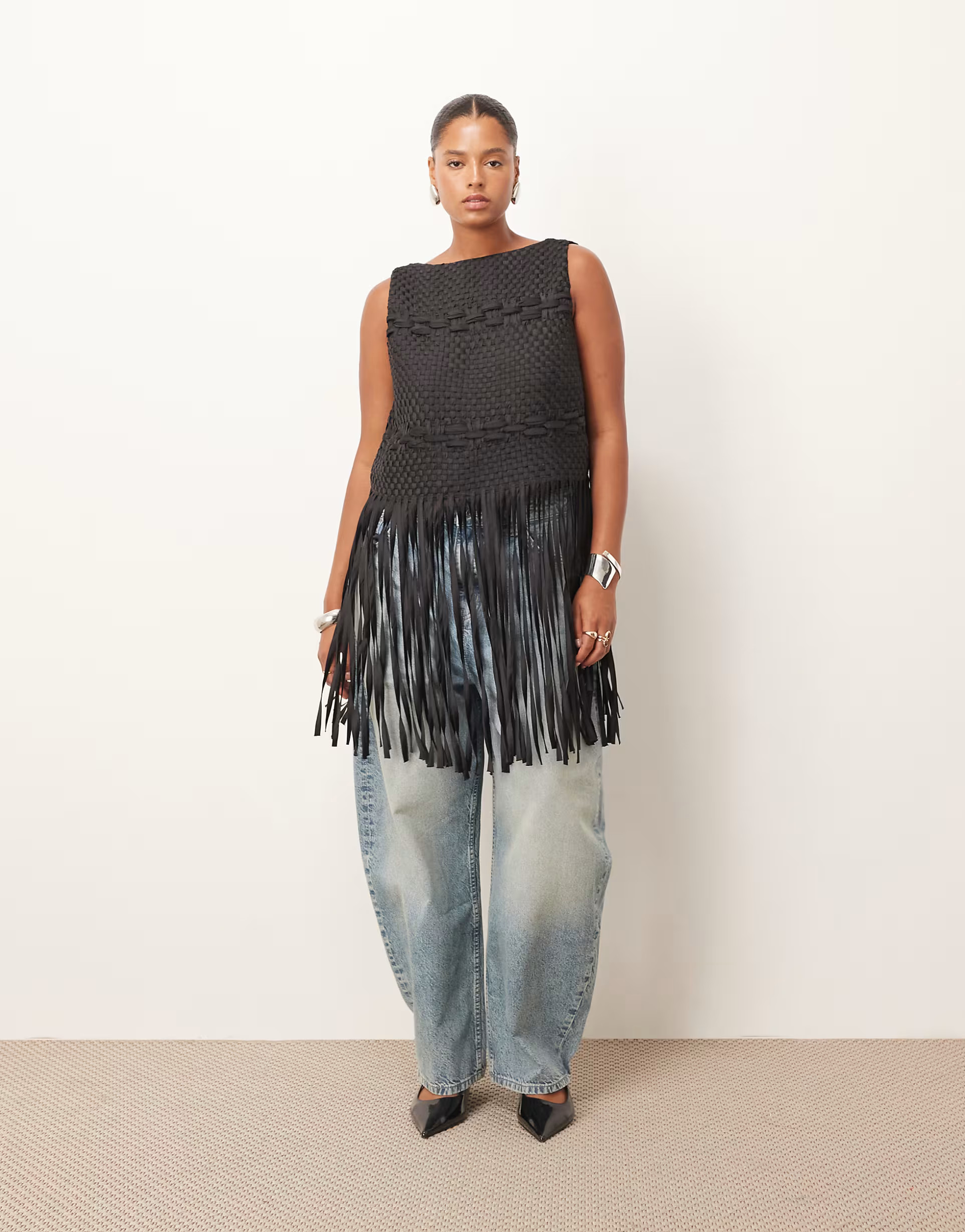 ARRANGE Curve lattice hand-woven top with fringe hem in black | ASOS (Global)