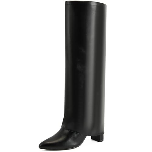 Putu Fold Over Boots for Women Knee High Boots Chunky High Heel with Pointed Toe Black Size 5.5 | Amazon (US)